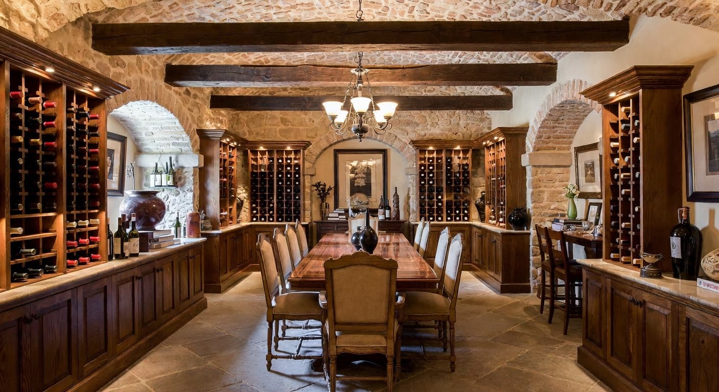 Tuscan wine cellar interior design - featuring tuscan style furniture, decor, colors, and layout ideas for your wine cellar