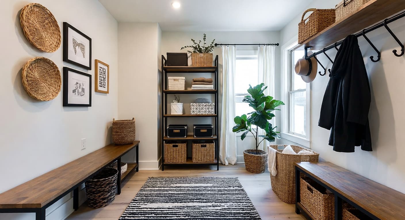 Urban mudroom interior design - featuring urban style furniture, decor, colors, and layout ideas for your mudroom