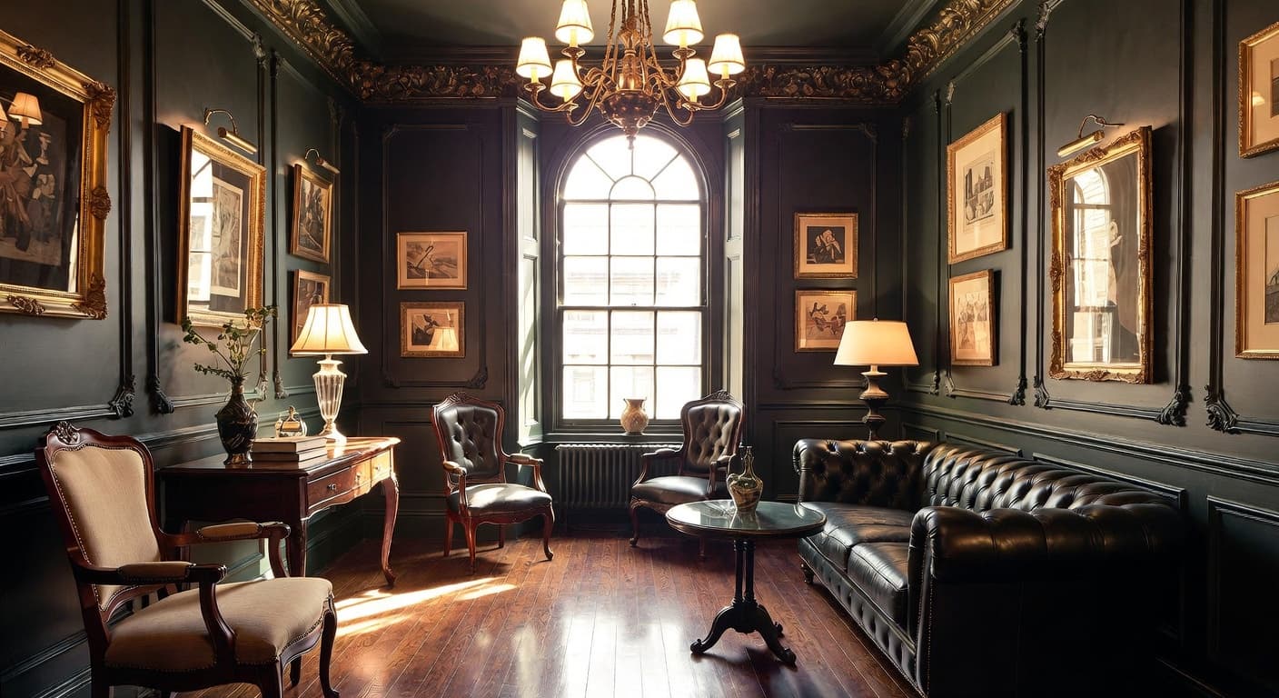 Victorian smoking room / cigar lounge interior design - featuring victorian style furniture, decor, colors, and layout ideas for your smoking room / cigar lounge