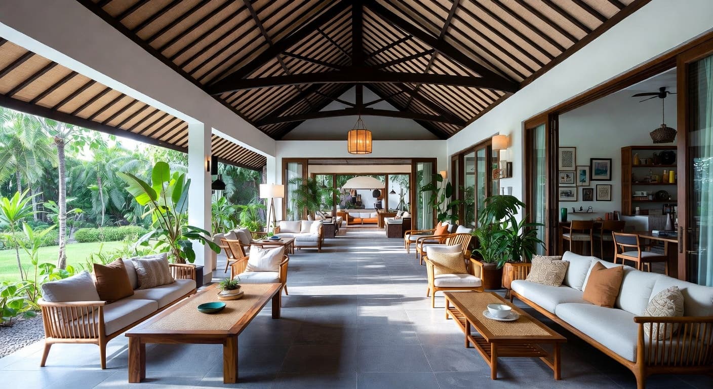 Vietnamese outdoor space interior design - featuring vietnamese style furniture, decor, colors, and layout ideas for your outdoor space