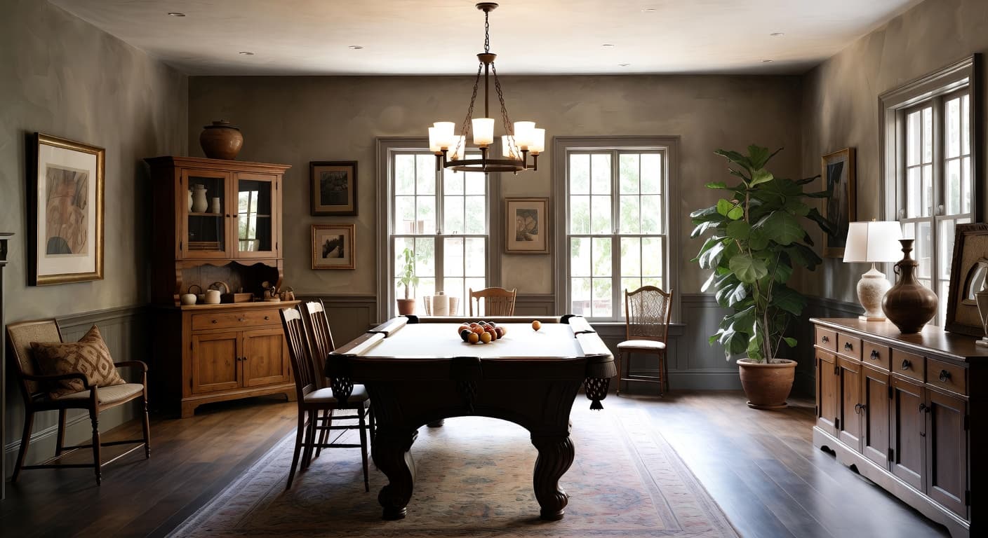 Wabi-Sabi billiards room interior design - featuring wabi-sabi style furniture, decor, colors, and layout ideas for your billiards room