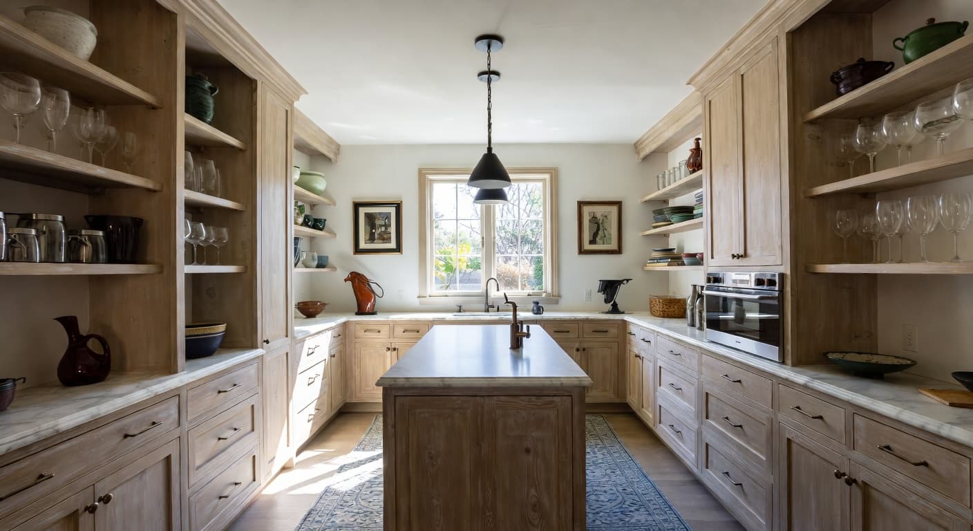 Wabi-Sabi butler's pantry interior design - featuring wabi-sabi style furniture, decor, colors, and layout ideas for your butler's pantry