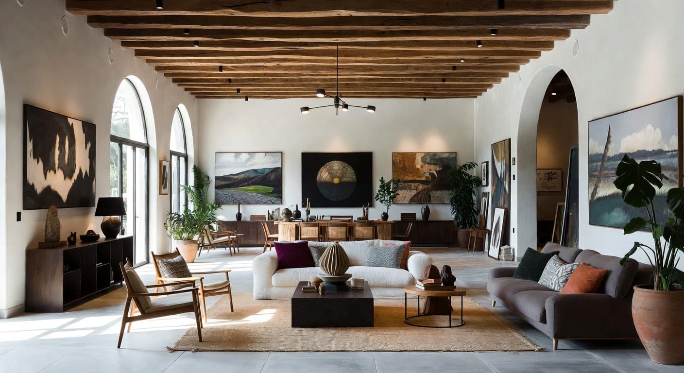 Wabi-Sabi gallery / art display interior design - featuring wabi-sabi style furniture, decor, colors, and layout ideas for your gallery / art display