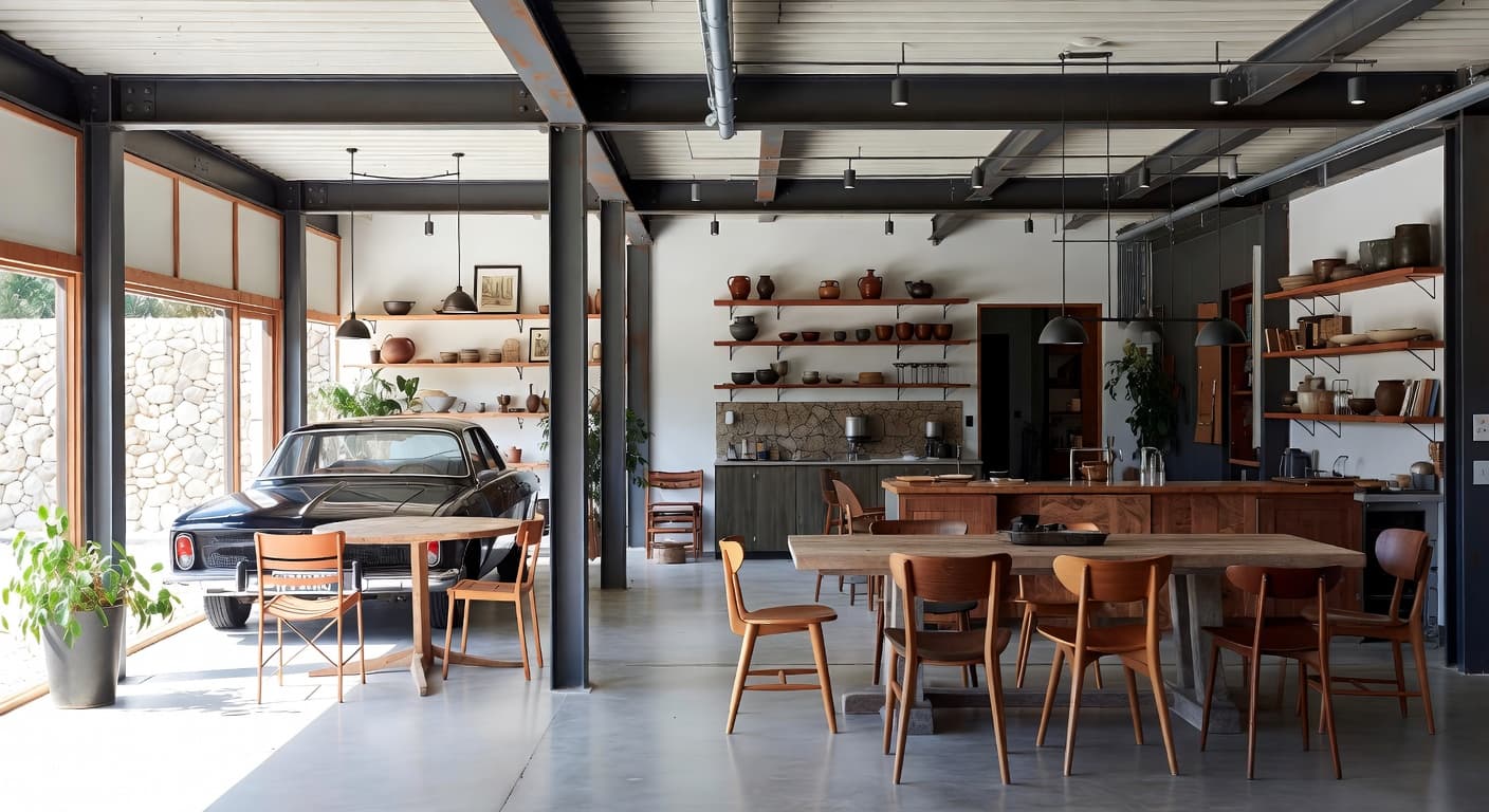 Wabi-Sabi garage interior interior design - featuring wabi-sabi style furniture, decor, colors, and layout ideas for your garage interior