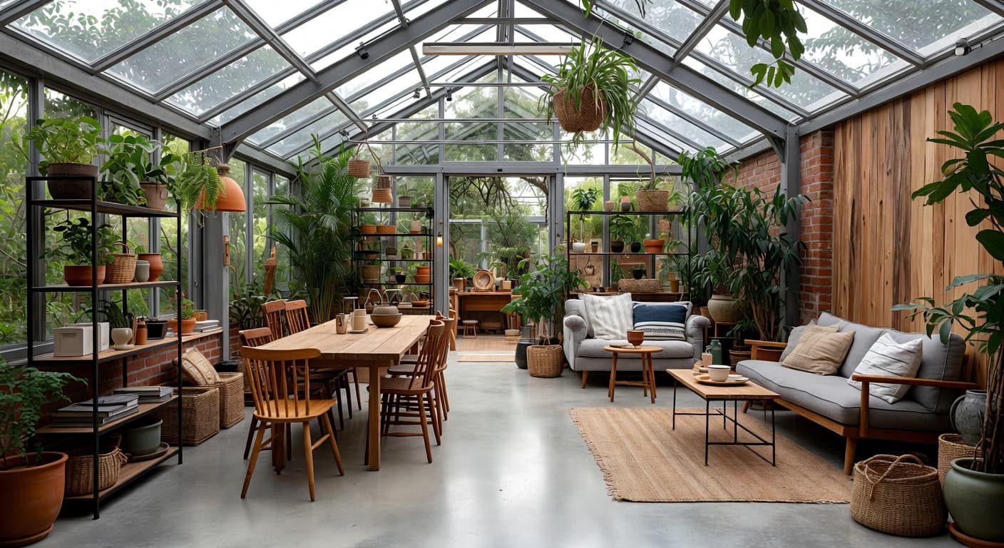 Wabi-Sabi greenhouse interior design - featuring wabi-sabi style furniture, decor, colors, and layout ideas for your greenhouse