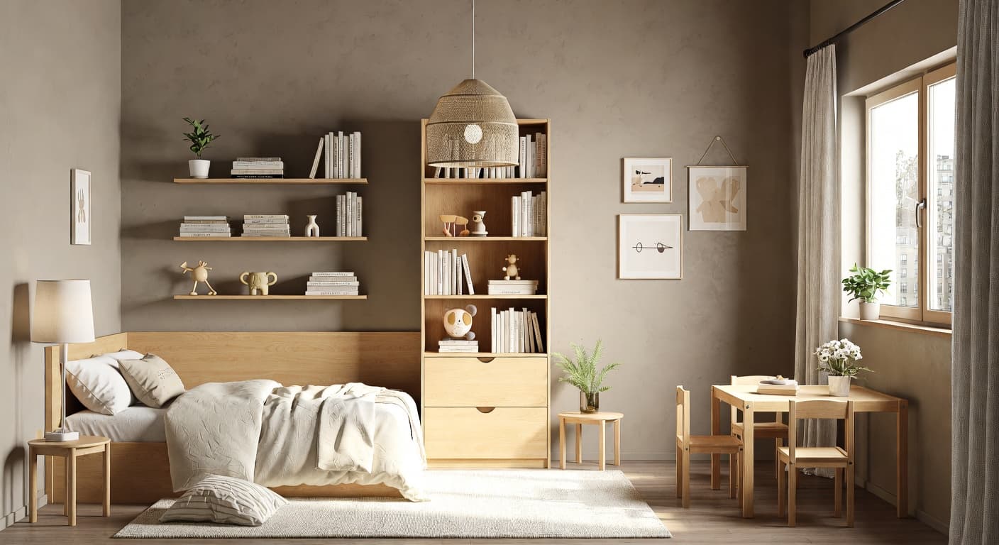 Wabi-Sabi kids room interior design - featuring wabi-sabi style furniture, decor, colors, and layout ideas for your kids room