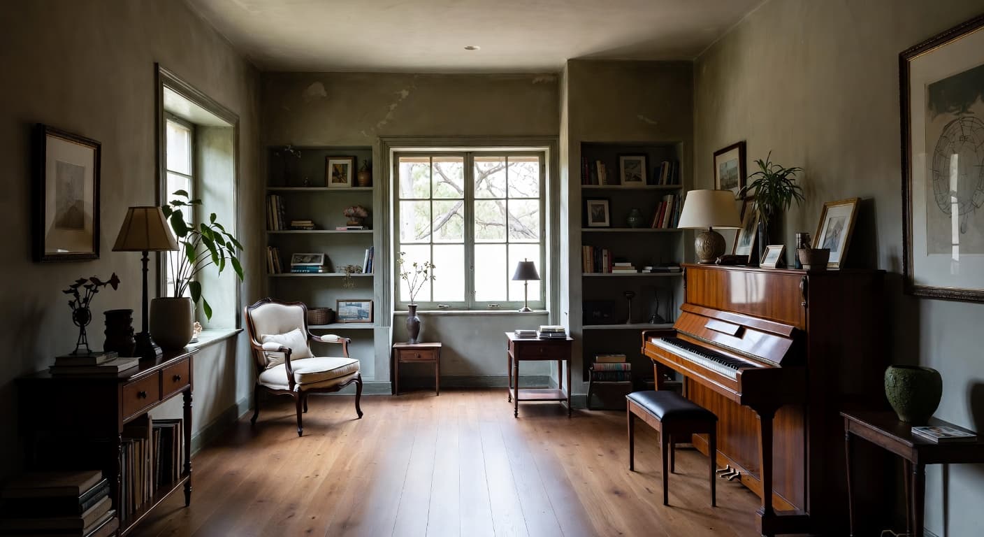 Wabi-Sabi music room interior design - featuring wabi-sabi style furniture, decor, colors, and layout ideas for your music room