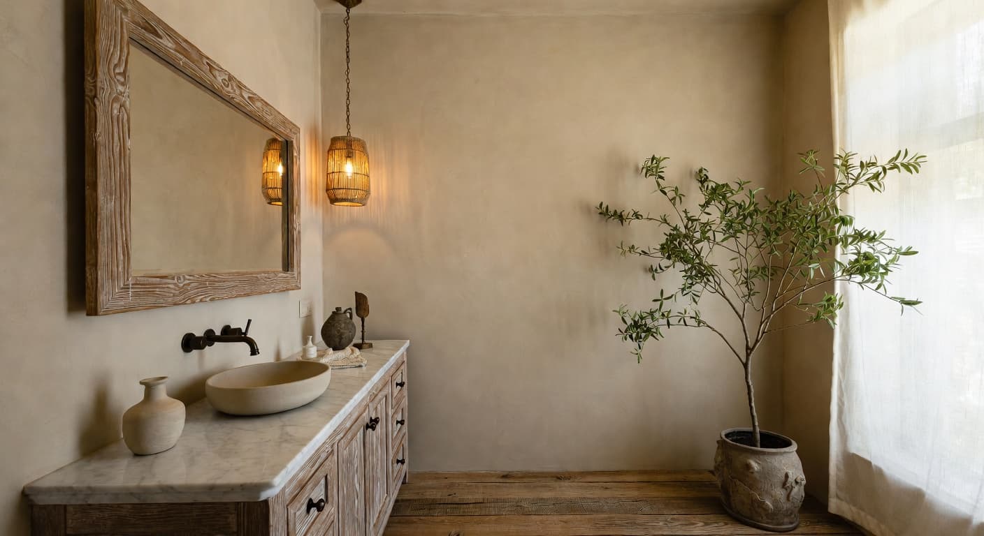 Wabi-Sabi powder room interior design - featuring wabi-sabi style furniture, decor, colors, and layout ideas for your powder room