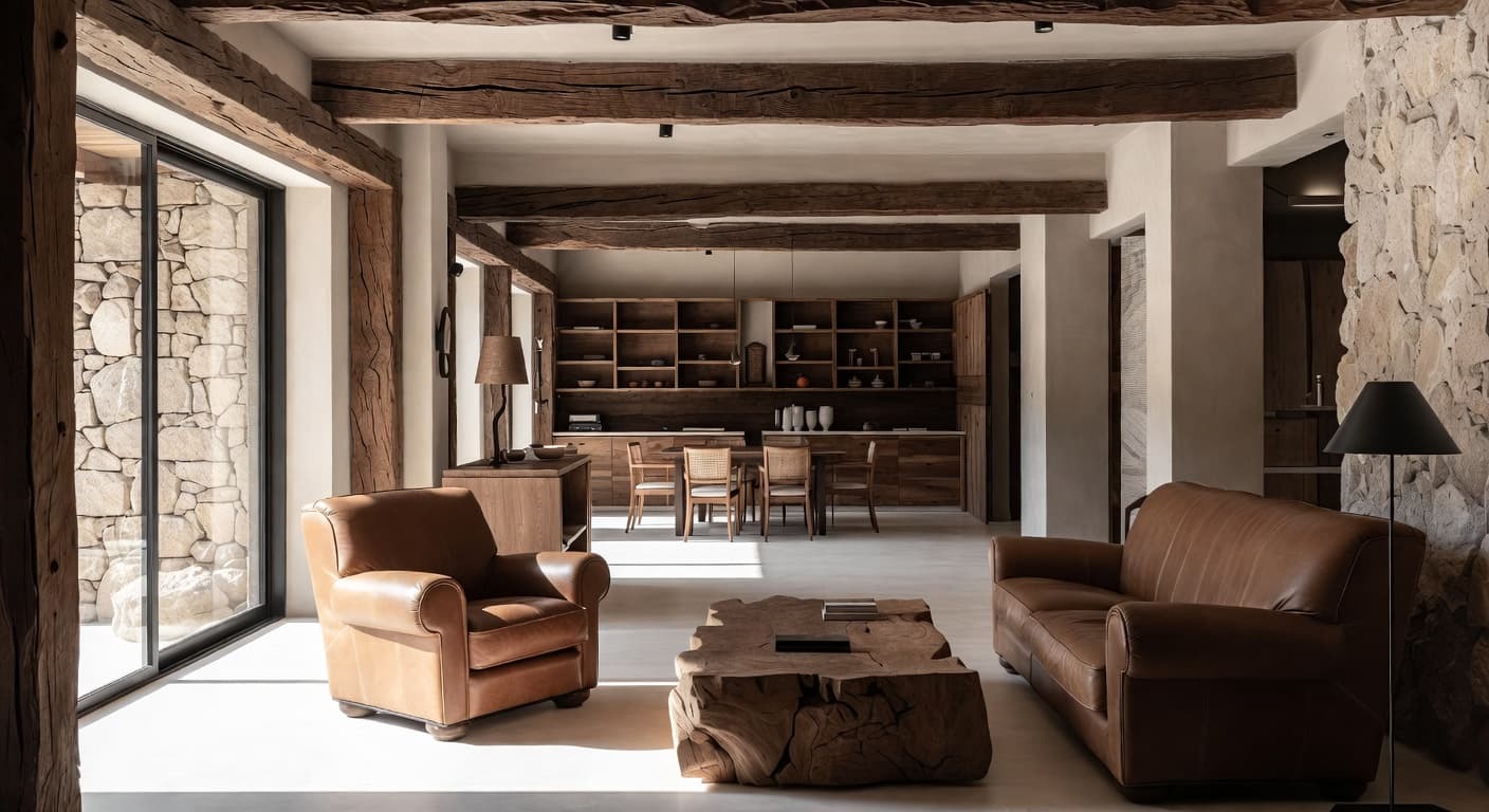 Wabi-Sabi smoking room / cigar lounge interior design - featuring wabi-sabi style furniture, decor, colors, and layout ideas for your smoking room / cigar lounge