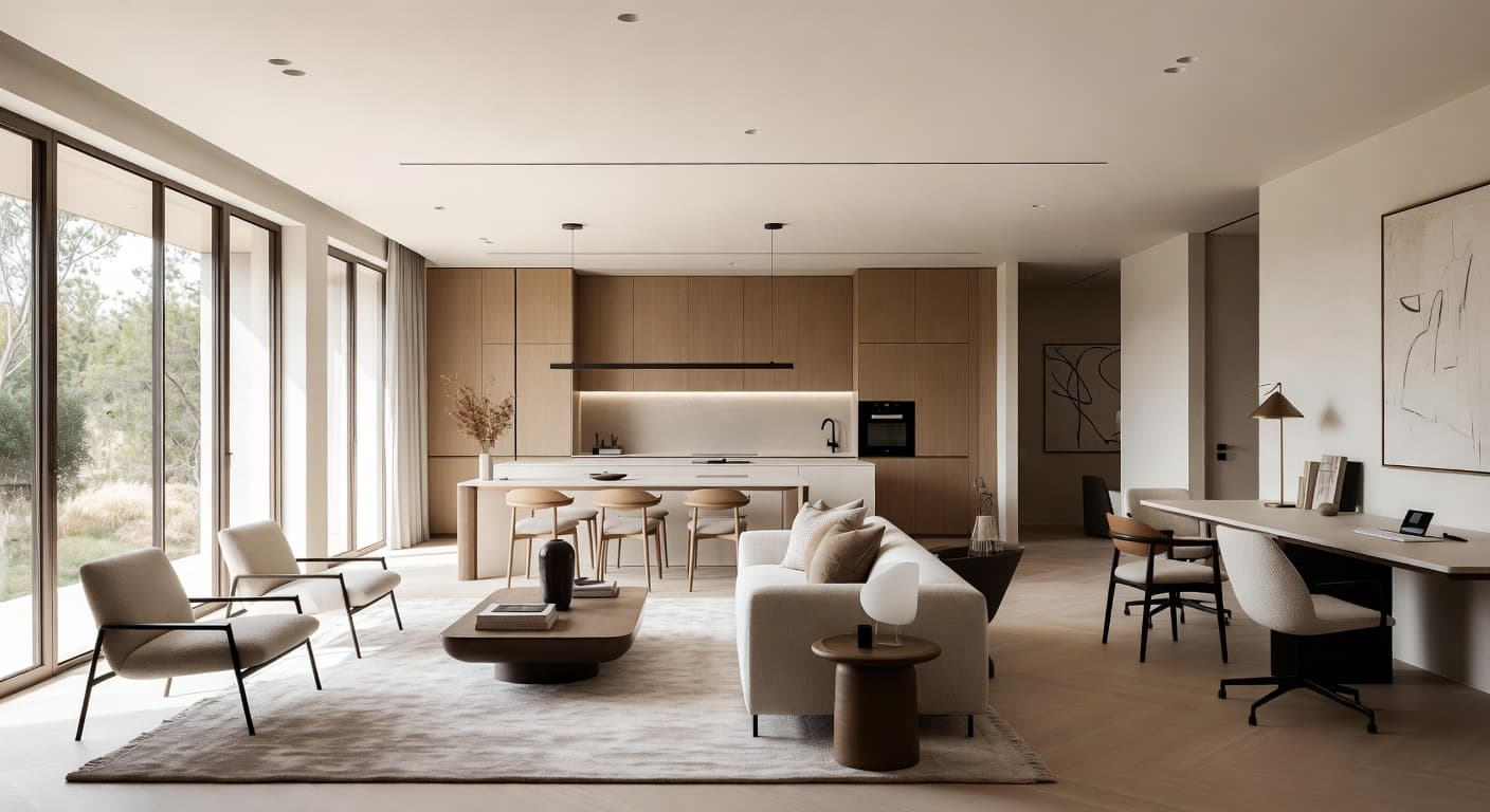 Warm Minimalism multi-purpose room interior design - featuring warm minimalism style furniture, decor, colors, and layout ideas for your multi-purpose room