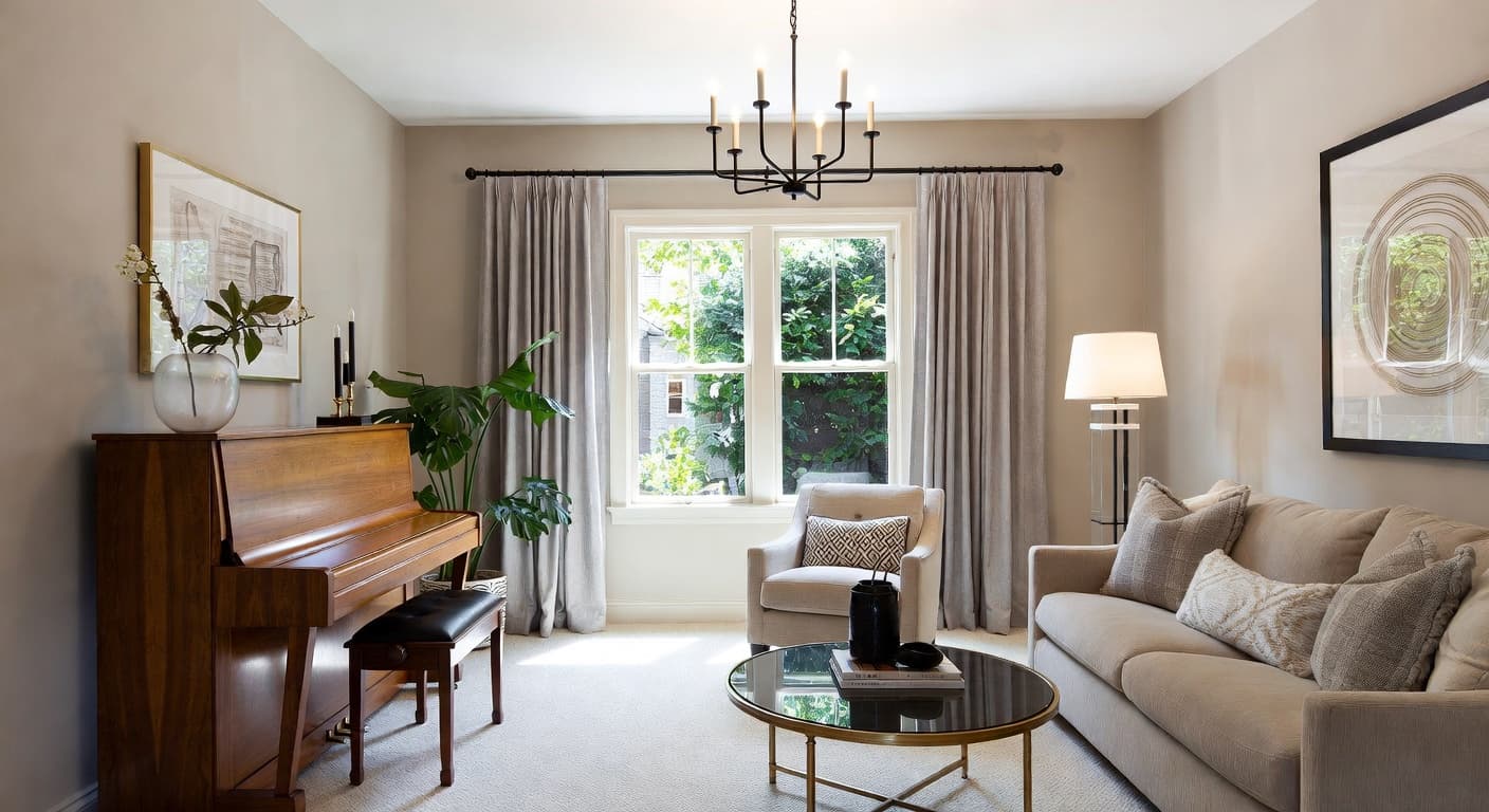 Warm Minimalism music room interior design - featuring warm minimalism style furniture, decor, colors, and layout ideas for your music room