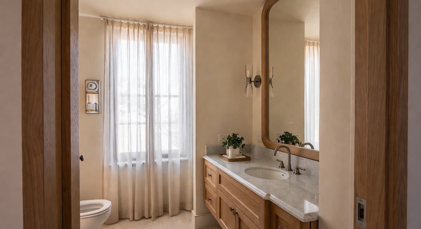 Warm Minimalism powder room interior design - featuring warm minimalism style furniture, decor, colors, and layout ideas for your powder room