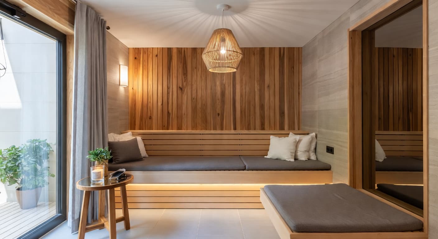 Warm Minimalism sauna / spa room interior design - featuring warm minimalism style furniture, decor, colors, and layout ideas for your sauna / spa room