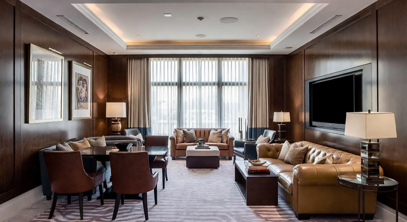 Warm Minimalism smoking room / cigar lounge interior design - featuring warm minimalism style furniture, decor, colors, and layout ideas for your smoking room / cigar lounge