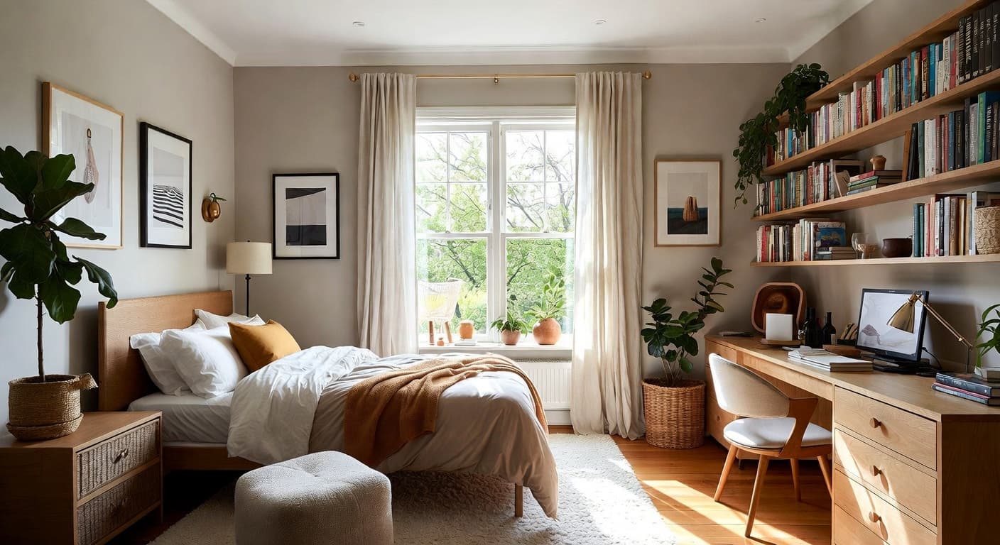 Warm Minimalism teen room / den interior design - featuring warm minimalism style furniture, decor, colors, and layout ideas for your teen room / den