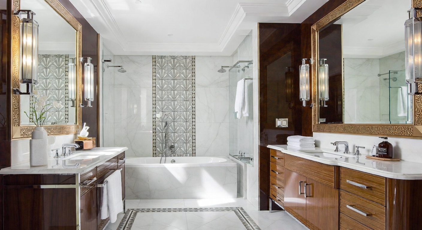 Art Deco bathroom with geometric tiles, brass fixtures, and a bold vanity