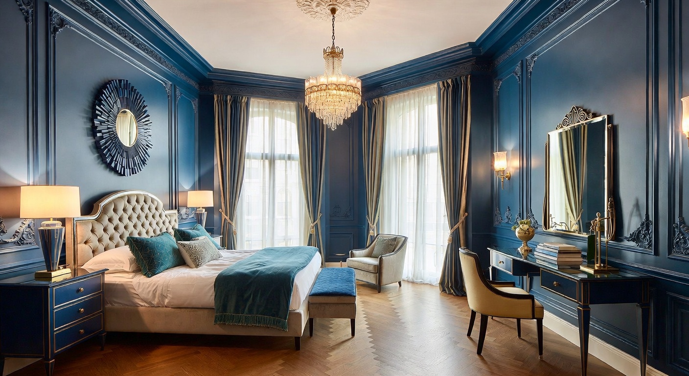 Art Deco bedroom with rich textures, geometric patterns, and luxurious fabrics