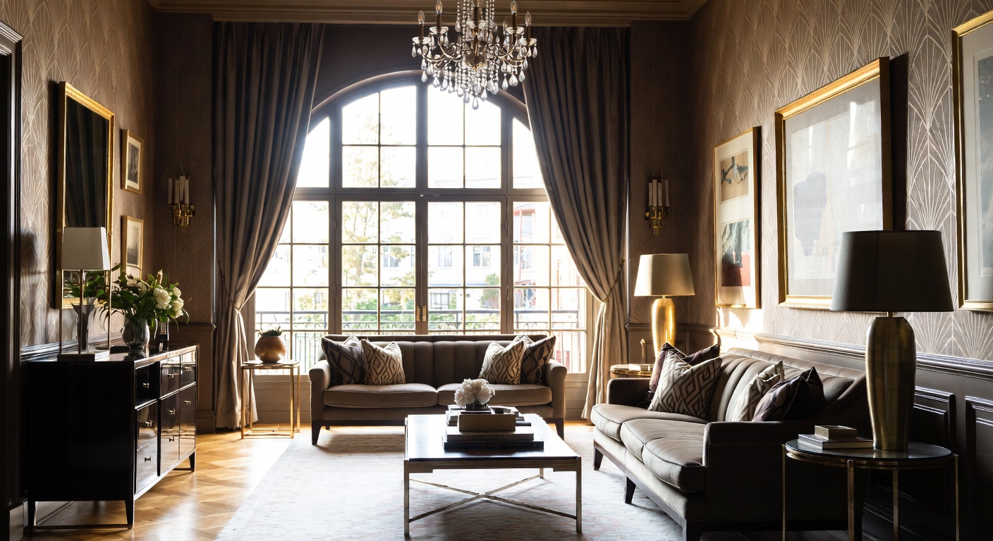 Art Deco living room with geometric patterns, velvet upholstery, and brass accents
