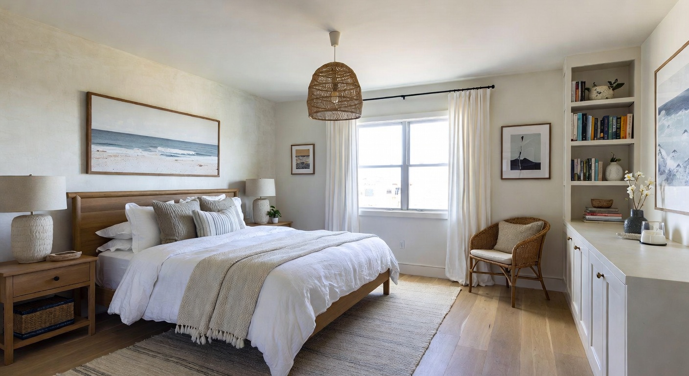 Coastal bedroom with light blue accents and natural textures