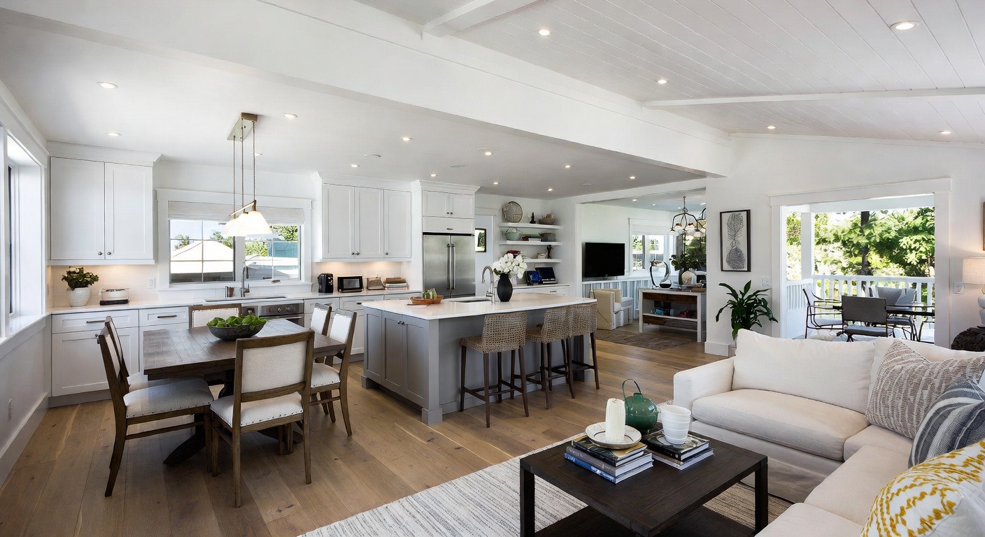 Coastal kitchen with white cabinets and bright natural finishes