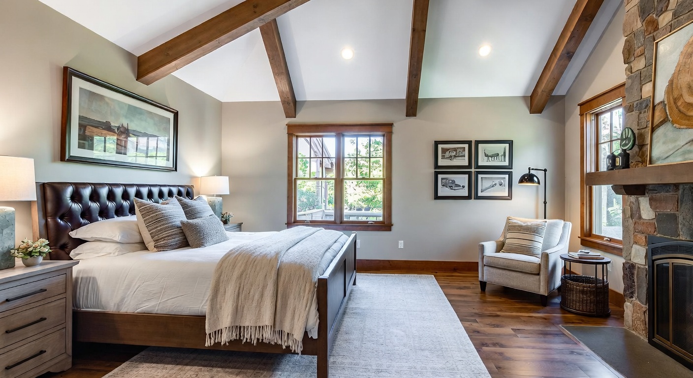 Craftsman bedroom with warm wood paneling and handcrafted furniture details