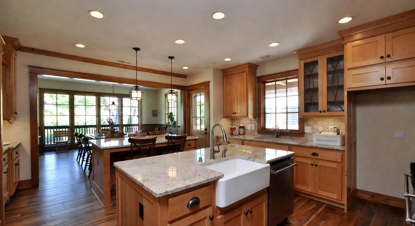 Craftsman kitchen with rich wood tones and detailed cabinetry