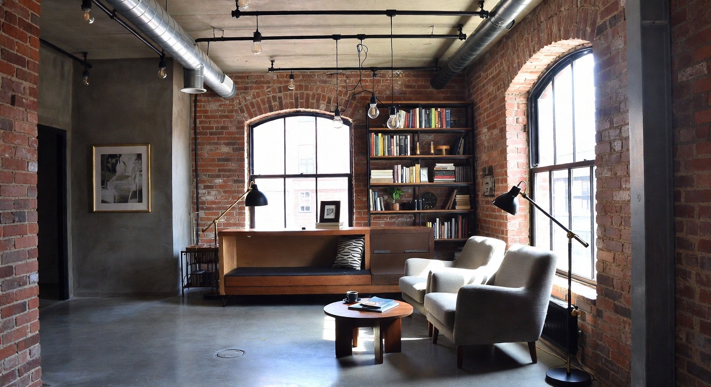 Industrial reading nook with metal shelving and warm lighting