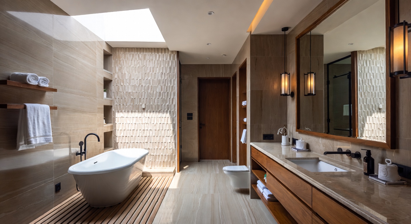 Japandi bathroom with natural wood accents and clean aesthetic