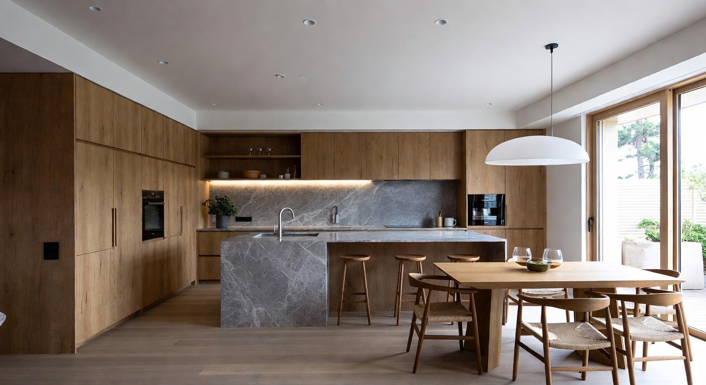 Japandi kitchen with natural wood and clean minimal surfaces