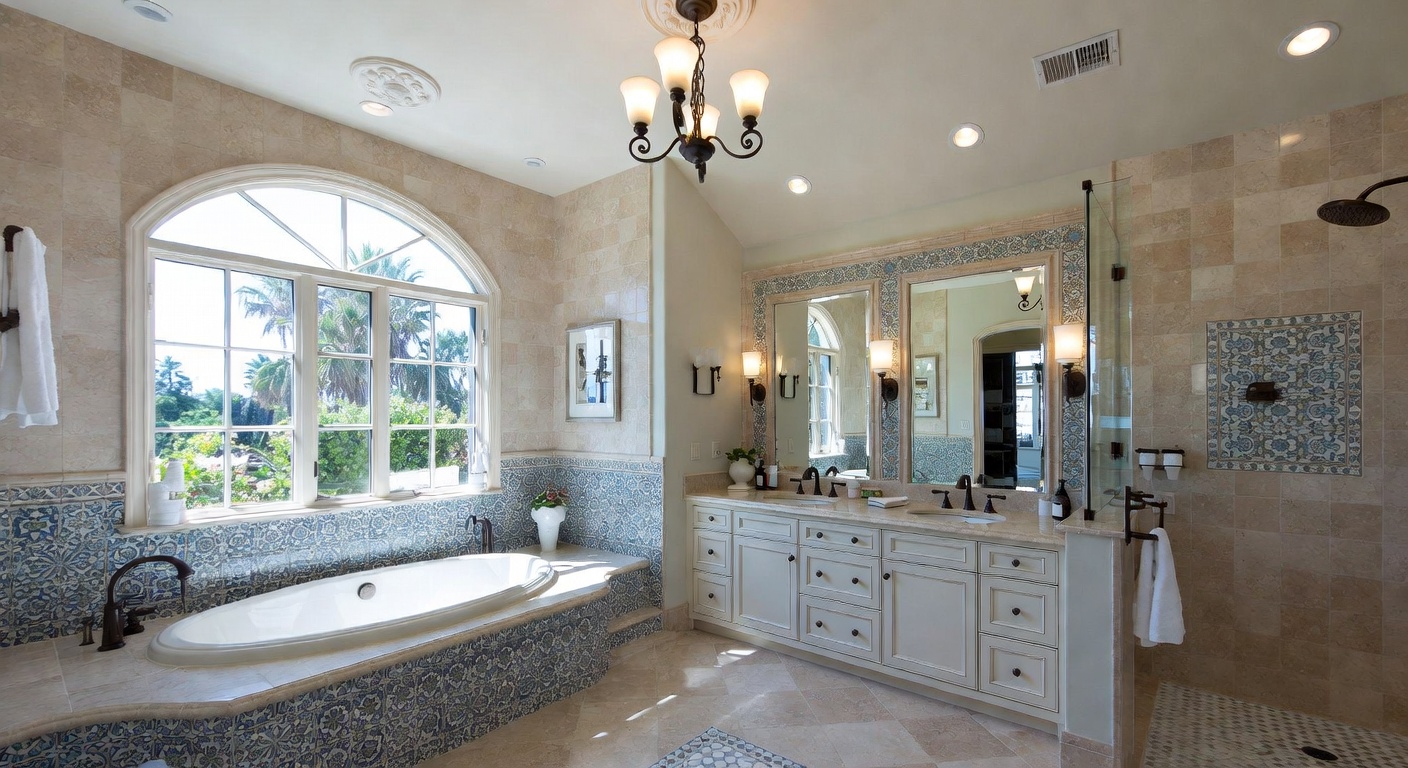 Mediterranean bathroom with terracotta tiles and arched mirror