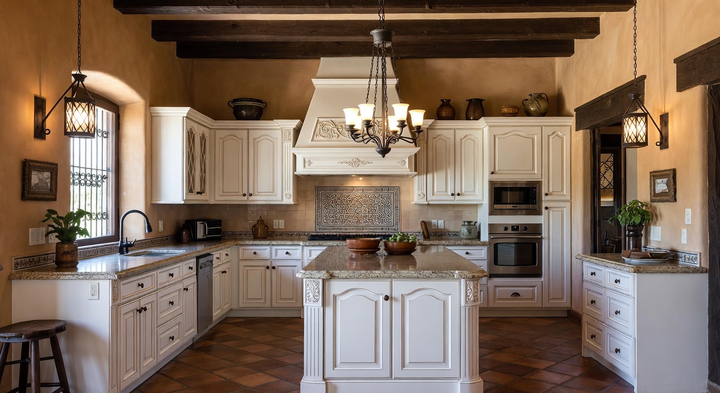 Mediterranean kitchen with warm tones and textured tile backsplash