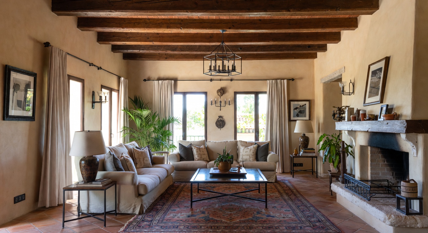 Mediterranean living room with terra cotta tones, arched architecture, and textured walls