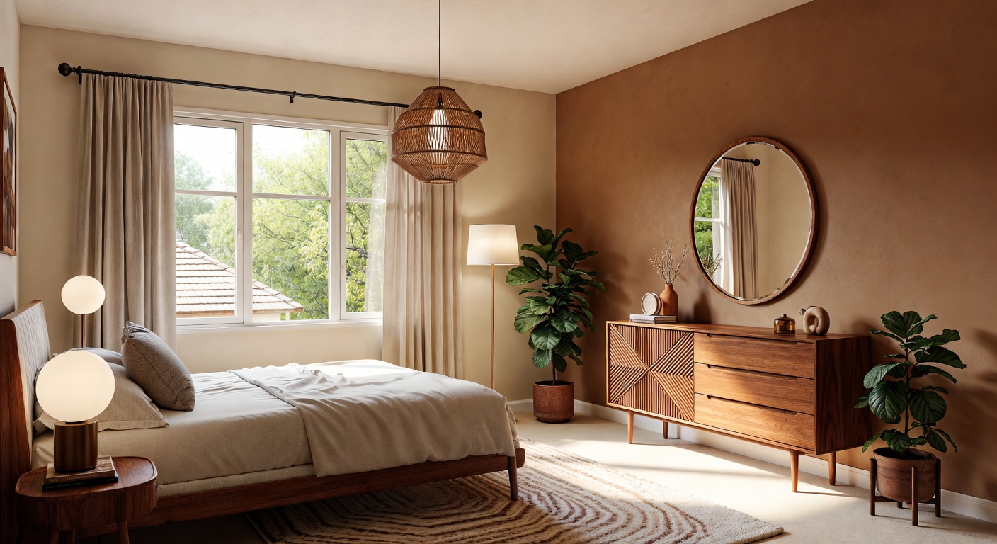 Mid-century modern bedroom with warm wood furniture and retro accents