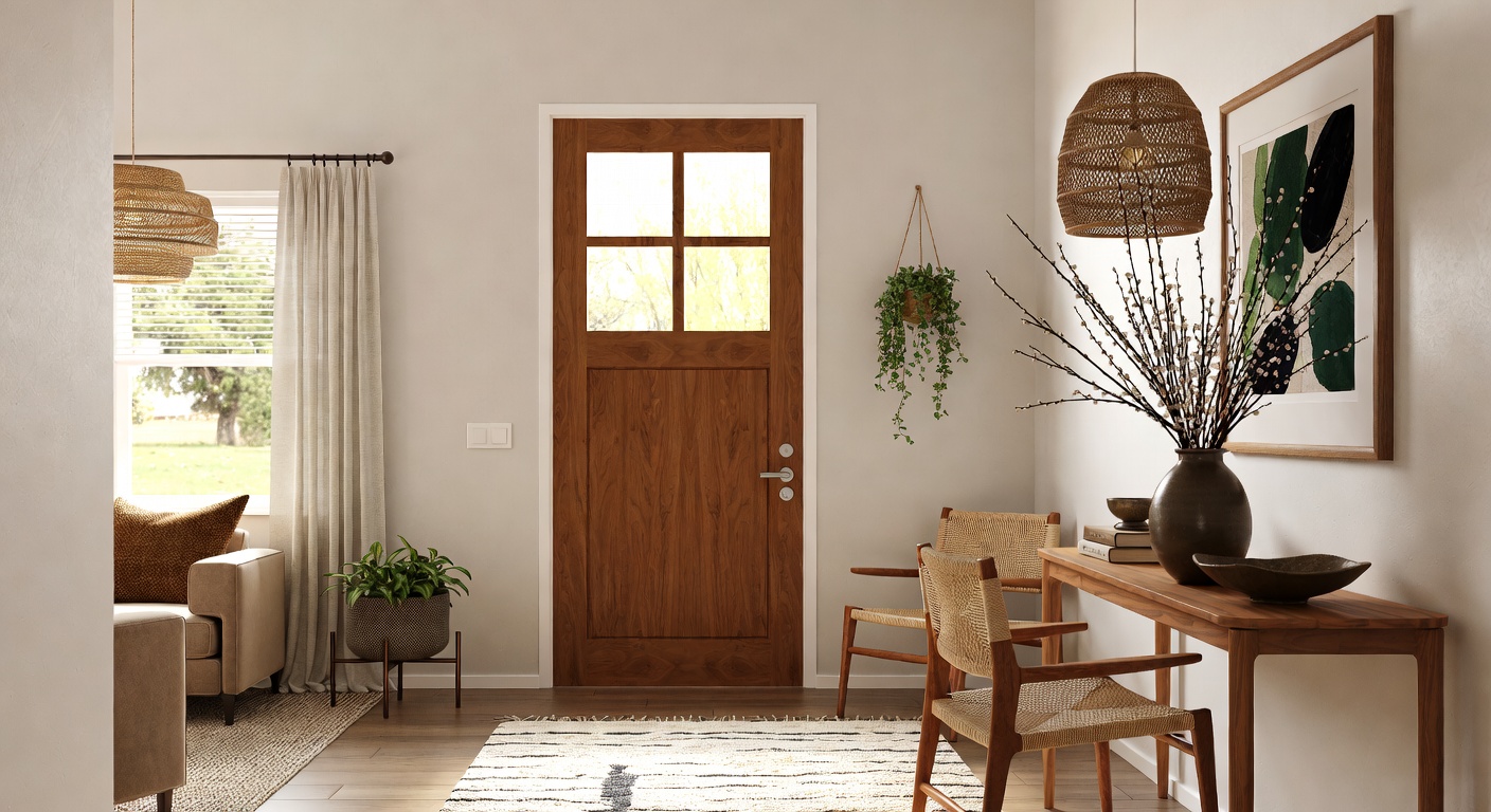 Mid-century modern entryway with walnut console and statement mirror