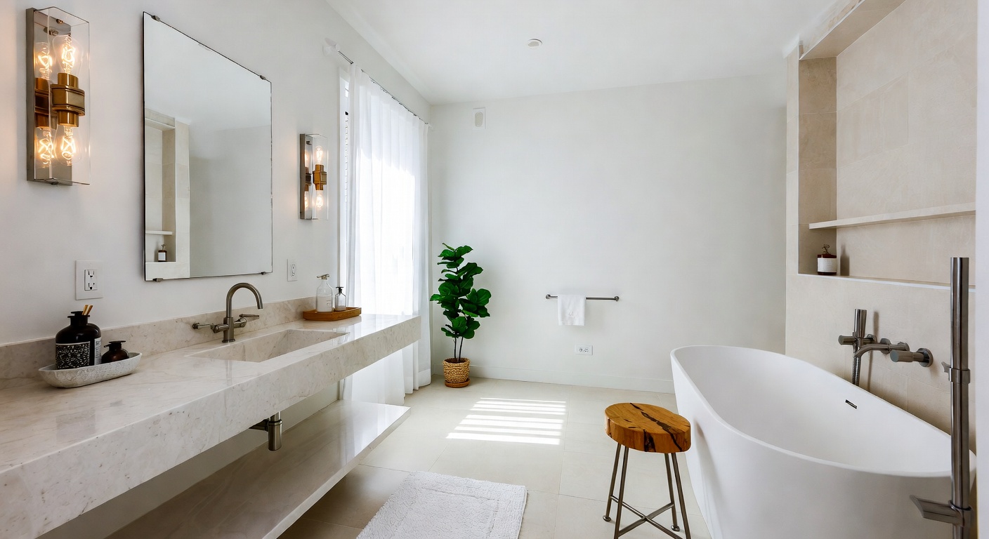 Minimalist bathroom with floating vanity and frameless glass shower