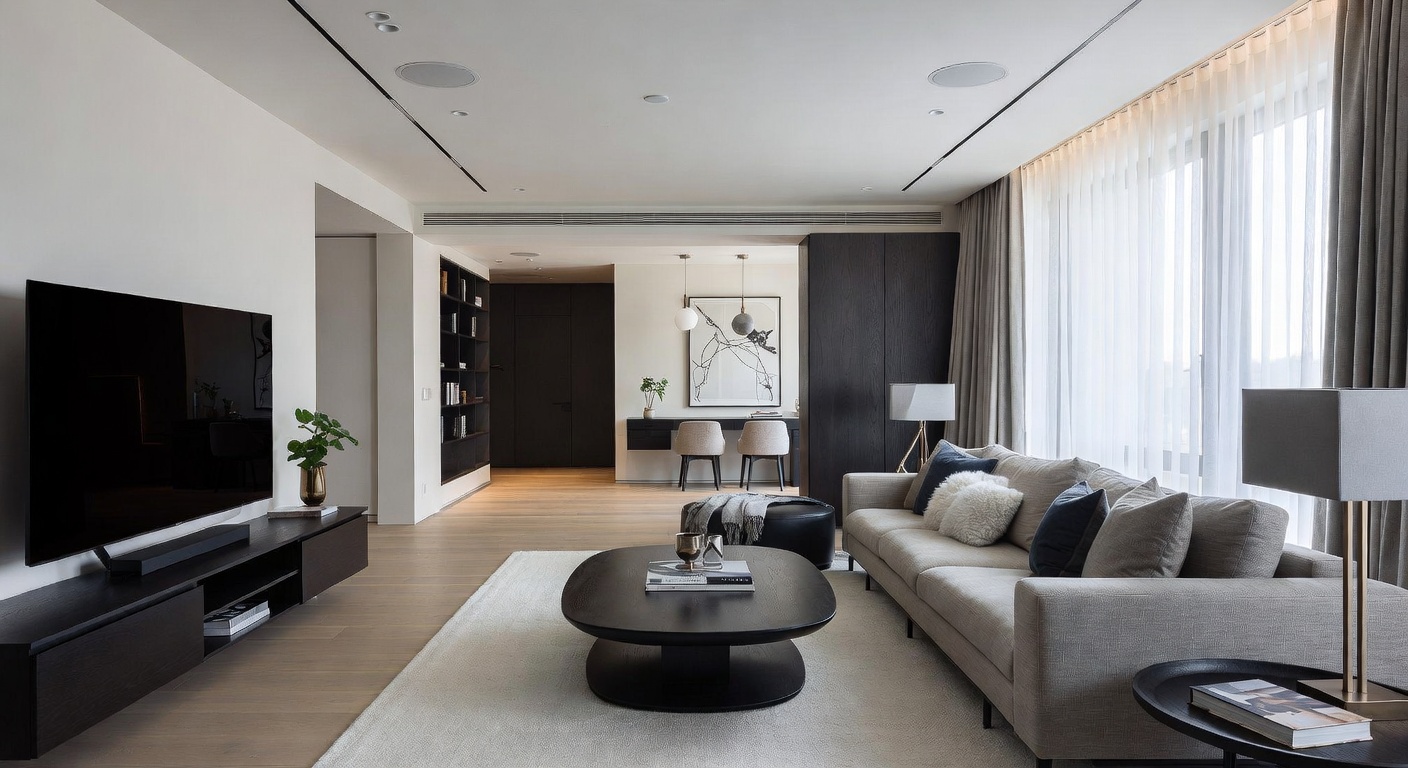 Modern minimalist living room with neutral palette and clean furniture