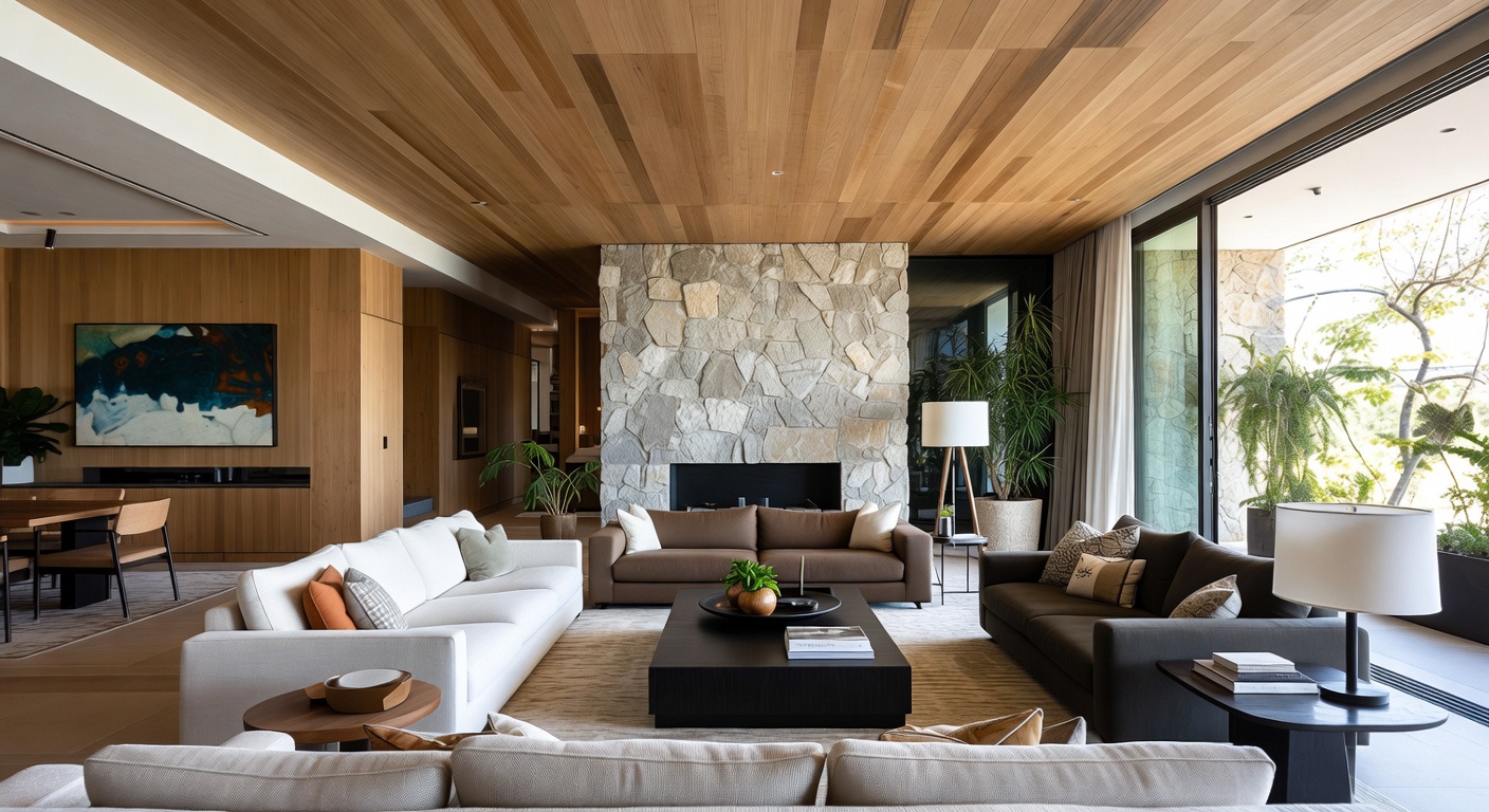 Organic modern living room with curved furniture, natural materials, and sculptural lighting