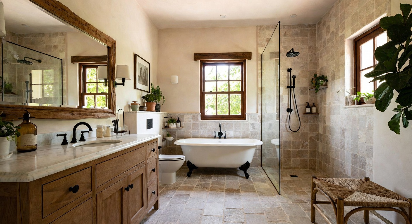 Rustic bathroom with natural stone and warm wood accents