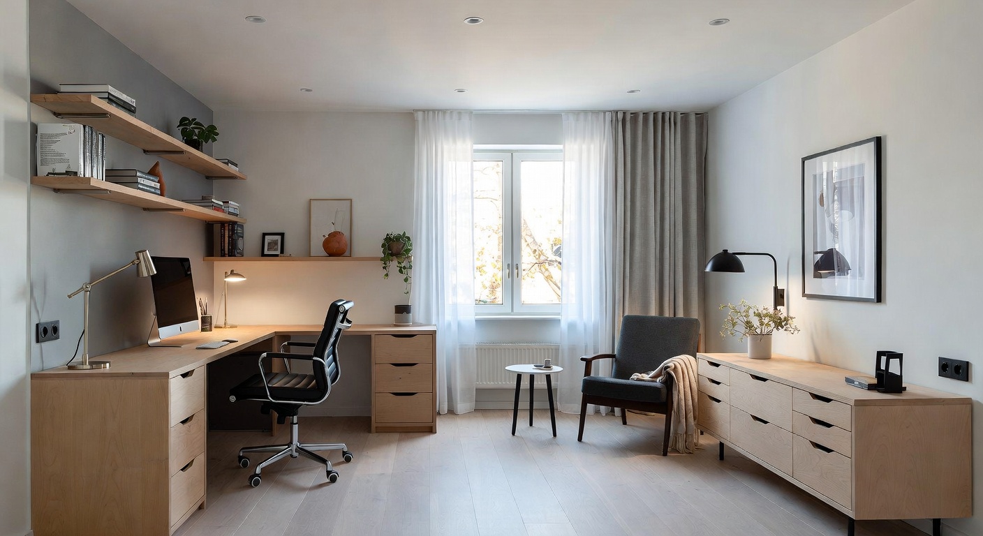 Scandinavian home office with light wood desk and organized minimal workspace