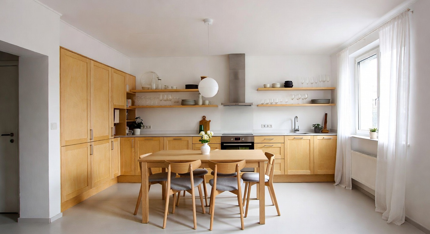 Scandinavian kitchen with light wood cabinets and minimalist design