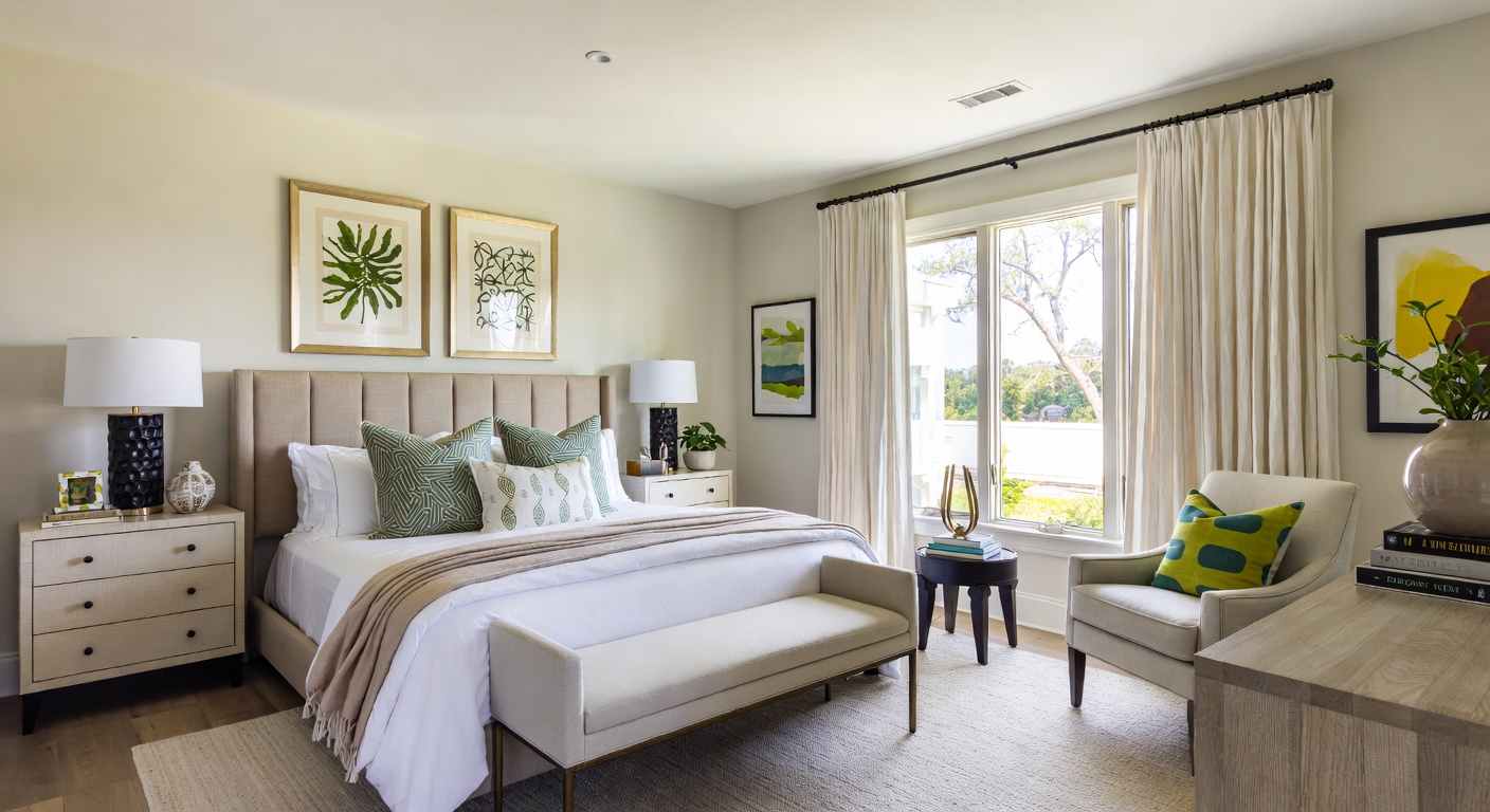 Transitional bedroom with clean lines, soft palette, and space-efficient furniture