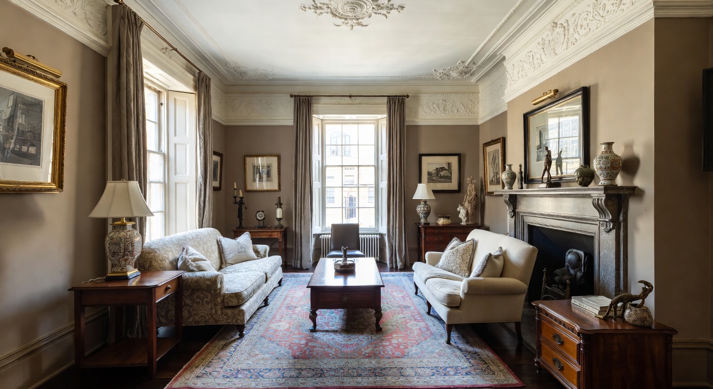 Victorian living room with ornate moldings and rich upholstery
