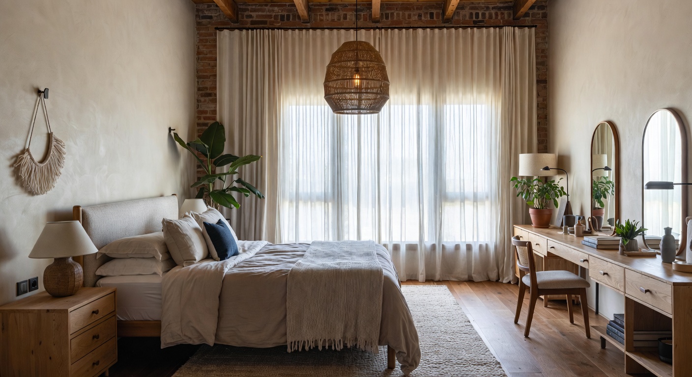 Wabi-sabi bedroom with textured plaster walls, linen bedding, and imperfect handmade objects