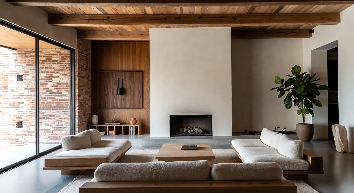 Wabi-sabi living room with organic textures, imperfect pottery, and natural materials