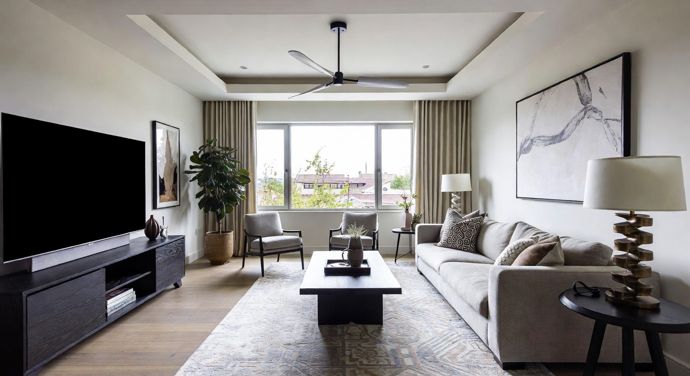Warm minimalist living room with natural textures, soft earth tones, and intentional furnishings
